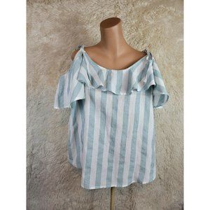 Wishlist Women's Size M Cold Shoulder Top Flutter Sleeve Green Striped Cotton D